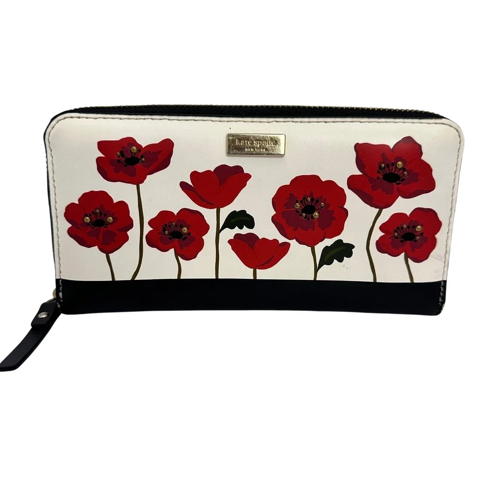 Rare Kate‎ Spade Ooh La La Red Poppy Floral Zip Around Wallet White Black P436